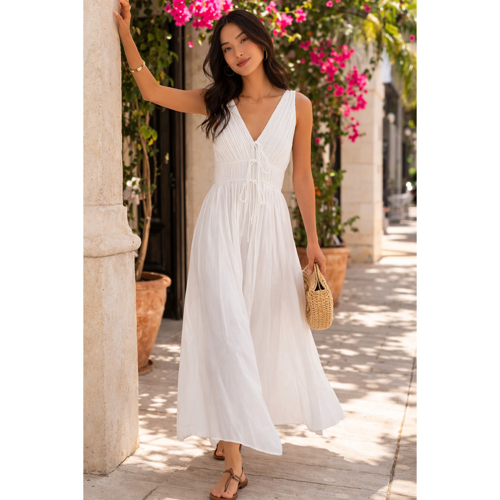 Moon River White Maxi Dress Medium Pleated Tie Front Resort Coastal NWT Summer